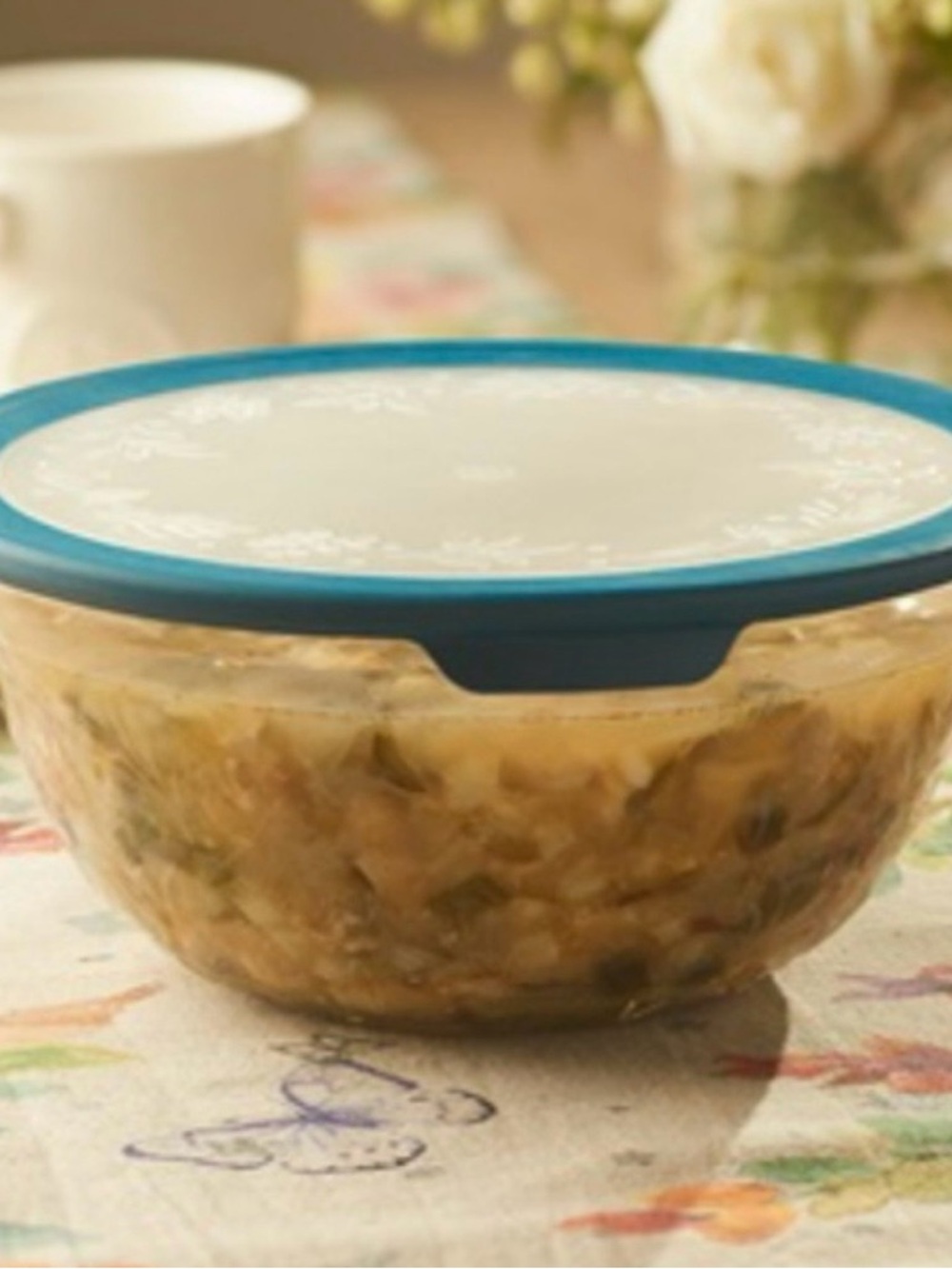 Princess House Clear Glass Food Storage Bowl with Blue Rim Lid